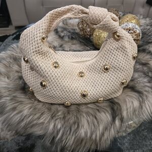 Cream Knitted Stud Hobo Bag - Gold Accent